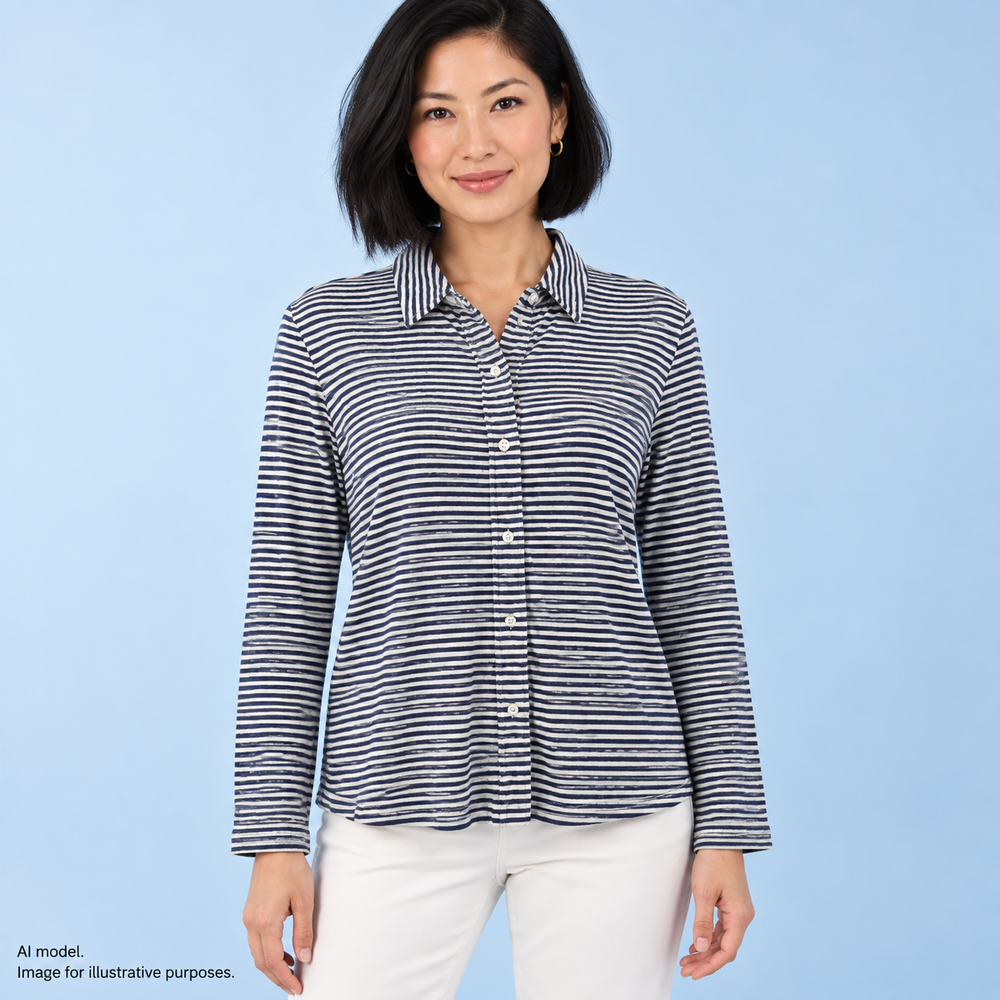 J McLaughlin Shirt Womens Small Blue White Striped Linen Blend Button Up Top